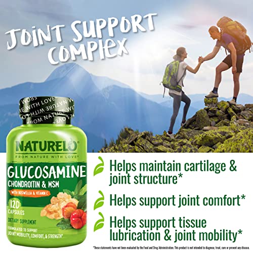 Glucosamina Condroitina MSM com Boswellia e Vitamina C – Suplemento para Suporte das Articulações – 120 Cápsulas - NATURELO