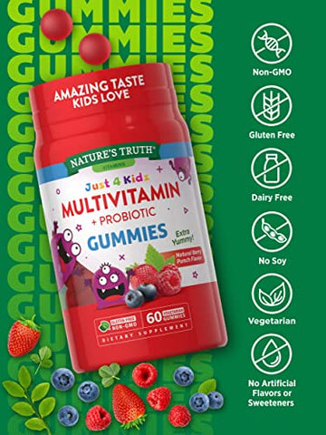 Nature's Truth - Nature’s Truth Kids Gummies Multivitamínicos com Probióticos | 60 unidades | Vegetariano, Não-OGM, Suplemento Livre de Glúten | Vitamina C, D3