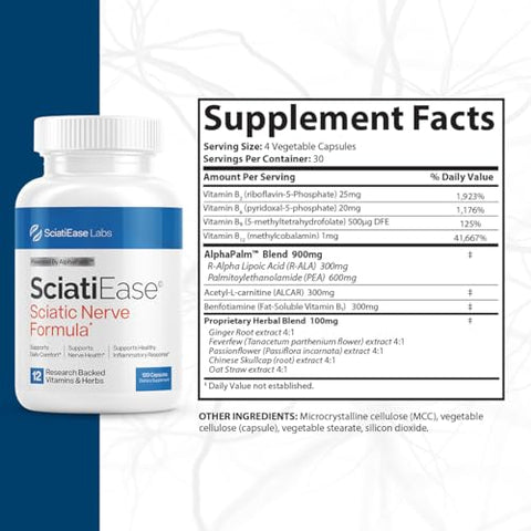 SciatiEase - Suplemento para Suporte à Saúde do Nervo Ciático – Fórmula de Suporte Nervoso com AlphaPalm, Pea, Complexo de Vitamina B, Ácido Alfa Lipóico 300mg – 120 Cápsulas