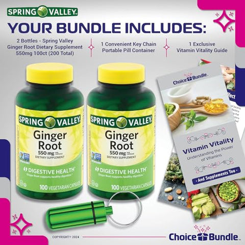 ChoiceBundle - Spring Valley Cápsulas de Suplemento Digestivo de Raiz de Gengibre 550 mg 100 Ct 2 pk Bundle Escolha (200 Total) Guia “Vitalidade Vitamínica” e Recipiente para Comprimidos (4 Itens)