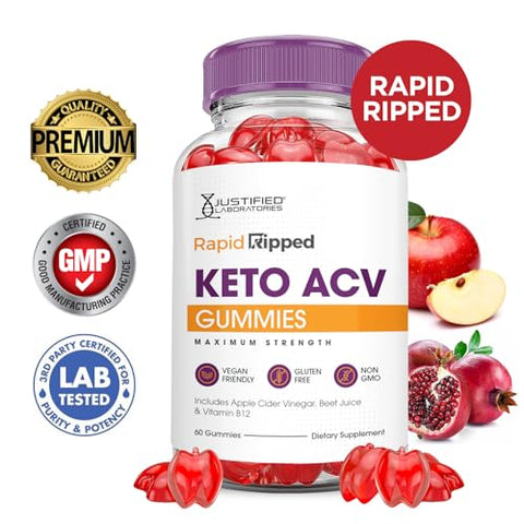 Justified Laboratories - (3 Pacotes) Gomas de Rápida Queima Keto ACV Fórmula Avançada 1000MG Rapidripped Keto Gomas Vinagre de Maçã Formulado com Romã e Beterraba em Pó B12 Vegano Não GMO 180g