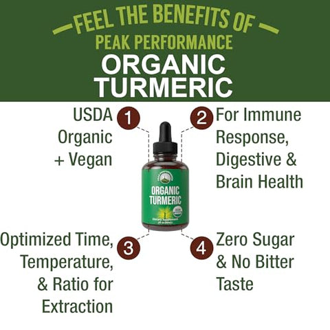 Peak Performance - Curcuma Turmeric com Pimenta Preta Orgânica USDA em Gotas Líquidas Veganas para Mulheres e Homens. Suporte Imunológico e Digestivo. Alta Biodisponibilidade. Tintura Herbal