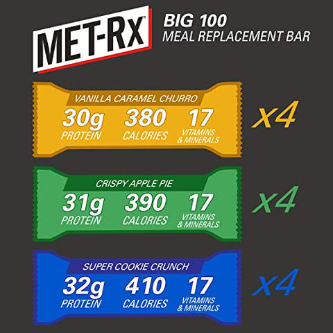 Big 100 Colossal Barras de Proteína Sortidas, Super Cookie Crunch, Baunilha Caramelo Churro e Torta de Maçã Crocante, Marrom, 12 Unidades - MET-Rx