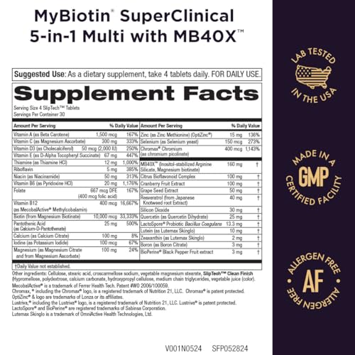 MyBiotin SuperClinical – Multivitamínico Elite 5 em 1 MB40X Biotin Matrix – Cabelos mais espessos em 3 semanas – 40X mais solúvel vs Cabelos Pele Unhas comuns - Purity Products