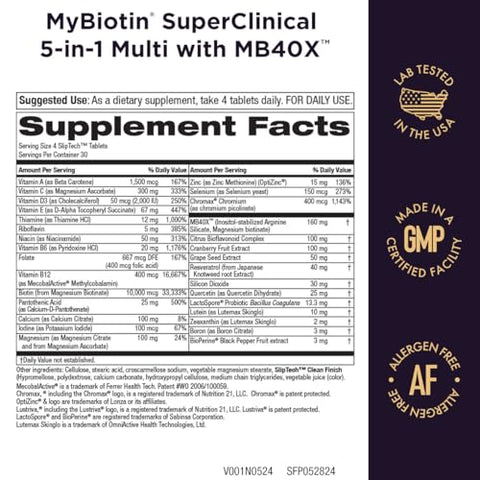 MyBiotin SuperClinical – Multivitamínico Elite 5 em 1 MB40X Biotin Matrix – Cabelos mais espessos em 3 semanas – 40X mais solúvel vs Cabelos Pele Unhas comuns - Purity Products