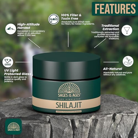 Sages Of The Ages - Shilajit Puro Himalaia Resina 85 Minerais Traços, Testado em Laboratório para Homens 78% Ácido Fúlvico, Grau Ouro Shilajit Puro Himalaia Orgânico (30g)