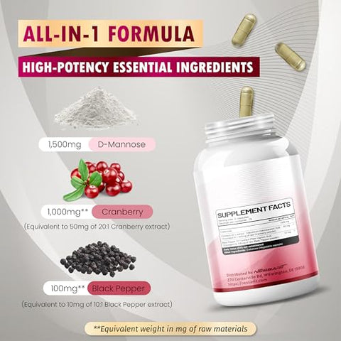 NESSARIT - D-Mannose 2,600MG – Potência Elevada com Cranberry, Pimenta Preta – Suporte ao Trato Urinário Saudável, Limpeza da Bexiga – 150 Comprimidos – Fabricado