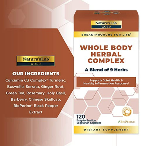 Nature's Lab - Nature’s Lab Gold Complexo Herbal para o Corpo Inteiro – Cúrcuma, Boswellia, Gengibre, Chá Verde, Alecrim – 120 Cápsulas (Fornecimento de 60 Dias)