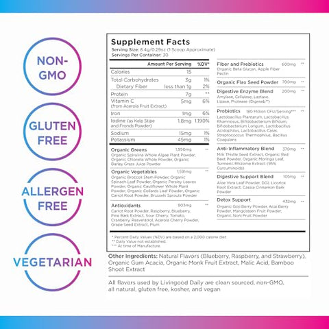 Greens Superfood Powder (Berry) – Pó de Super Alimentos para Saúde Intestinal – Suplemento em Pó de Suco Verde com Spirulina, Chlorella, Enzimas – 100g - Livingood Daily