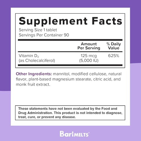 Vitamina D3 5000 UI – Suprimento de 3 Meses (90 Comprimidos de Dissolução Rápida) – Vitaminas Pós-Operatórias para Bariátrica - BariMelts