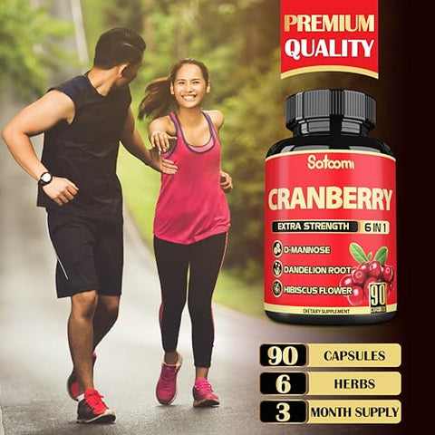 6 em 1 Cápsulas de Cranberry para Mulheres – Fornecimento de 3 Meses – Extrato de 6 Ingredientes Herbais – 90 Cápsulas Vegetais - Satoomi