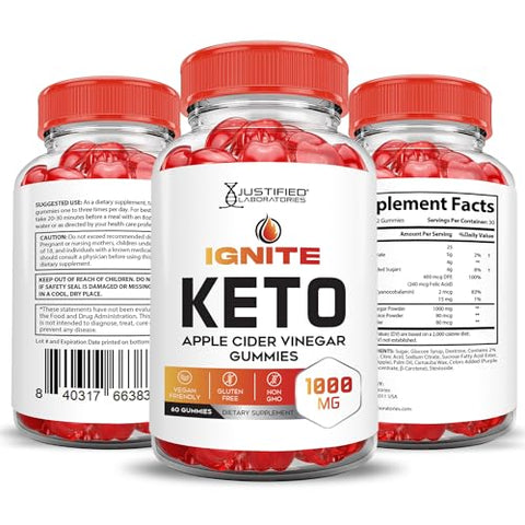 Justified Laboratories - (2 Pacotes) Gomas Ignite Keto ACV Avançadas 1000MG Fórmula de Gomas Ignite Keto de Vinagre de Maçã Formuladas com Suco de Romã em Pó B12 Vegano Não GMO 120 Gomas