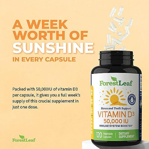 Vitamina D3 50000 UI – Saúde óssea e suporte imunológico – Cápsulas pequenas fáceis de engolir – Sem OGM, sem glúten – VIT D – Suplemento de vitamina D3 para mulheres e homens - ForestLeaf