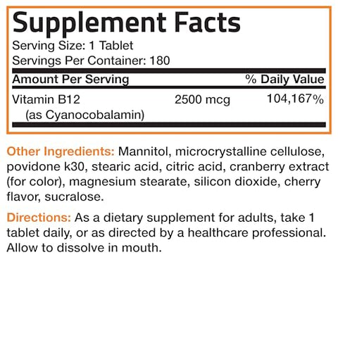 Bronson - Vitamina B12 2500mcg – Comprimidos Mastigáveis de Dissolução Rápida com Sabor de Cereja – Suporte ao Sistema Nervoso e Função Cerebral Saudável – Energia Instantânea – Marca: [Nome da Marca]