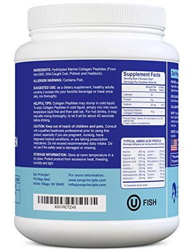 Pó de Peptídeos de Colágeno Marinho Zen Principle 1.5 lb. Peixe Selvagem, Não-OGM. Suporta Pele, Cabelo, Articulações e Ossos Saudáveis. Tipo 1 Hidrolisado
