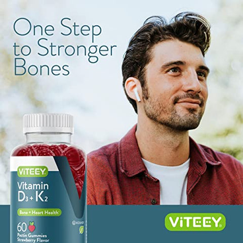 Viteey - Vitaminas D3 K2 Gummies – 1000 UI de Vitamina D3 e K2 100mcg – Fortalecimento Ósseo