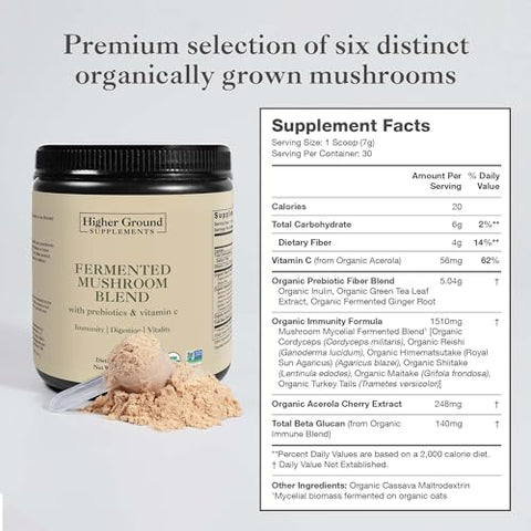 Higher Ground Supplements - Blend de Cogumelos Fermentados | 6 Cogumelos Premium | Prebióticos, Fibras e Vitamina C para Imunidade | Não-OGM | Sem Glúten | 210g