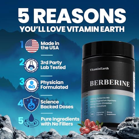 Vitamin Earth - Berberine HCL Complex 1000mg – Fórmula Médica com Canela Ceylon e Picolinato de Cromo – Puro Berberine – 60 Cápsulas
