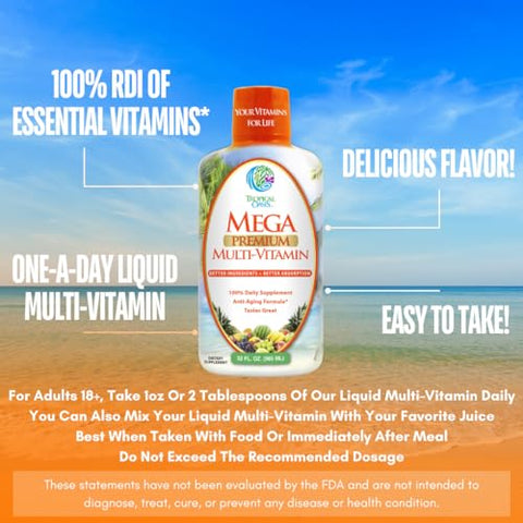 Tropical Oasis - Mega Premium Liquid Multivitamin | Suporte Natural à Imunidade com 1333%% de Vitamina C, 200%% de D3, Zinco 20 Vitaminas, 70 Minerais
