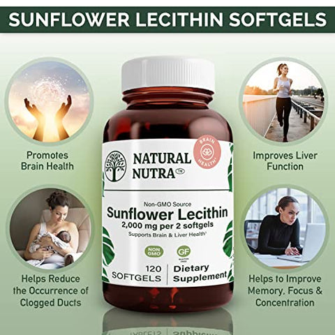 Suplemento Natural Nutra Lecitina de Girassol 2000 mg – Livre de Soja, Não-OGM, Sem Glúten 120 Softgels | Suporte à Função Hepática, Estimulante da Saúde Cerebral, Memória