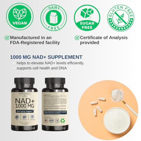 VINATURA - Suplemento NAD 1000 mg – Puro NAD para Rejuvenescimento