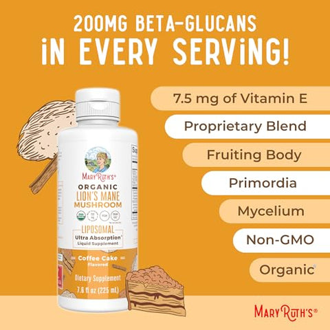 MaryRuth Organics - Suplemento Orgânico de Lion’s Mane por MaryRuth’s | Lipossomal de Ultra Absorção | Cogumelo Lion’s Mane de Espectro Completo | 200mg de Beta-Glucanos por Porção | Orgânico Certificado pelo USDA | Vegano | 7,6 oz (214g)
