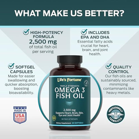 Life's Fortune - Life’s Fortune Ômega 3 Concentrado de Óleo de Peixe 2500 mg, 60 Softgels, Alta Potência, EPA