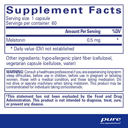 Melatonina 0.5 mg Pure Encapsulations – Auxiliar Natural do Sono para a Hora de Dormir – Regula o Ciclo Sono-Vigília – Suplemento de Melatonina 0.5 mg – Vegano
