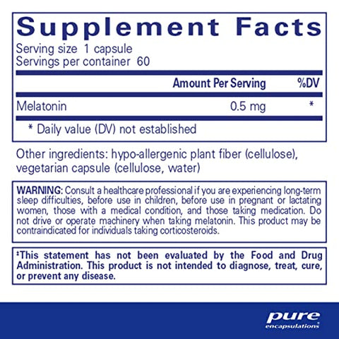 Melatonina 0.5 mg Pure Encapsulations – Auxiliar Natural do Sono para a Hora de Dormir – Regula o Ciclo Sono-Vigília – Suplemento de Melatonina 0.5 mg – Vegano
