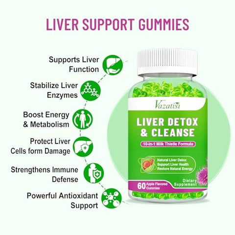 Vazatisi - Gomas Detox Reparadoras para Limpeza do Fígado, Suporte Hepático com Cardo Mariano, Alcachofra, Dente-de-leão, Sabor de Maçã – 120ct