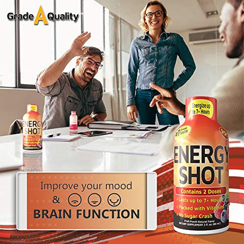 Grade A Quality - Vitamin Energy Shots Sabor Frutas Vermelhas, Até 7 Horas de Energia, 57 ml, 48 Unidades