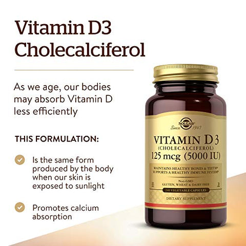 SOLGAR - Solgar Vitamina D3 (Colecalciferol) 125 mcg (5000 UI), 240 Cápsulas Vegetais – Mantém os Ossos Saudáveis
