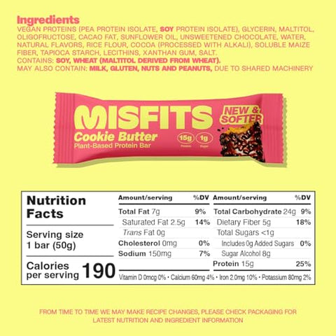 Barras de Proteína Vegana, Manteiga de Cookie – Receita Atualizada | Baseada em Plantas, Baixo Teor de Açúcar | Misfits - Misfits