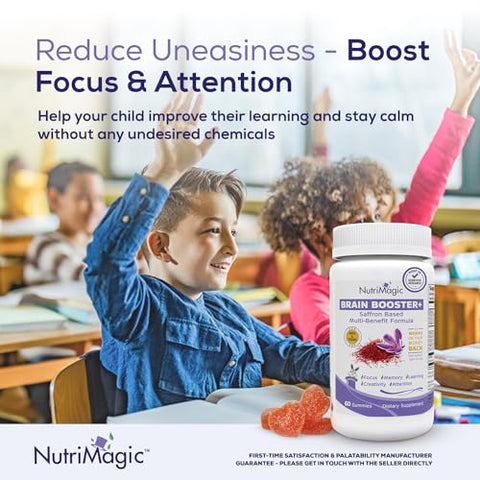 NutriMagic - Kids Brain Booster 2 em 1 Multivitamínico Nootrópico para Foco, Memória, Atenção, Humor – Gomas de Extrato de Açafrão Suplemento para Saúde Cerebral com Vitamina D3, B6, B12, Zinco, 60 Veganas