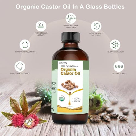 MMPANG - Óleo de Rícino Puro 100%% Extraído a Frio Certificado Orgânico USDA Frasco de Vidro Livre de Hexano para Estimular o Crescimento Capilar, Hidratar a Pele do Corpo