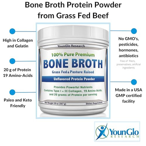 YounGlo Research - Pó de Proteína de Caldo de Osso de Carne 20 oz, Alto em Colágeno – Marca: Bone Broth