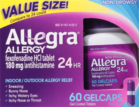 Adulto 24HR Gelcaps Antialérgico Não Sonolento, 60 Unidades, Alívio Rápido dos Sintomas de Alergia, 180 mg - Allegra