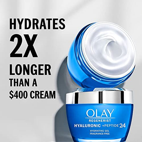 Regenerist Gel Hidratante Facial com Ácido Hialurônico e Peptídeo 24 para Hidratação da Pele o Dia Todo, Sem Fragrância, 50g com Niacinamida, inclui Olay Whip Tamanho Viagem para Pele Seca - Olay