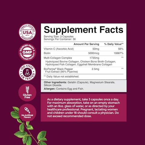 Natures Craft - Complexo Avançado de Colágeno Multi – Suplemento de Biotina e Colágeno para Homens e Mulheres com BioPerine e Vitamina C – Tipo 1 2 3 5