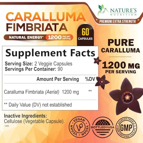 Nature's Nutrition - Extrato Puro de Caralluma Fimbriata Altamente Concentrado 1200mg – Cápsulas Naturais de Caralluma Fimbriata para Suporte à Resistência, Melhor Suplemento Vegano para Homens