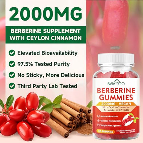 BVIVLOO - 2 Pacotes de Gomas de Berberina, Sem Açúcar, 2000mg de Alta Potência de Suplemento de HCI de Berberina, Com Canela do Ceilão e Cardo de Leite para Mulheres