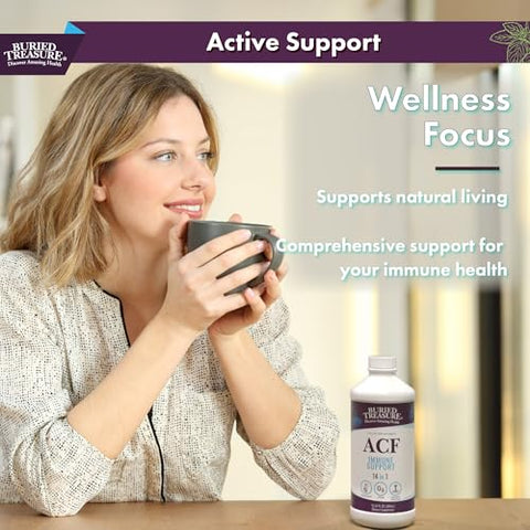ACF Suporte Imunológico – 473 ml, 16 Porções, Vitamina C, Sabugueiro, Zinco, Reforço Imunológico Líquido com Vitaminas e Minerais c/ Copo Dosador - Buried Treasure