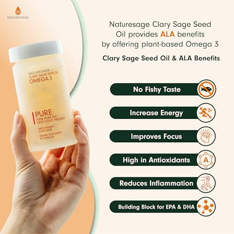 Naturesage - Cápsulas de Ômega 3 Vegano, Alternativa de Óleo de Peixe à Base de Plantas, 90 Cápsulas – Extraído a Frio de Semente de Salva Esclareia – Kosher – Suplemento de Ácido Graxo Ômega 3