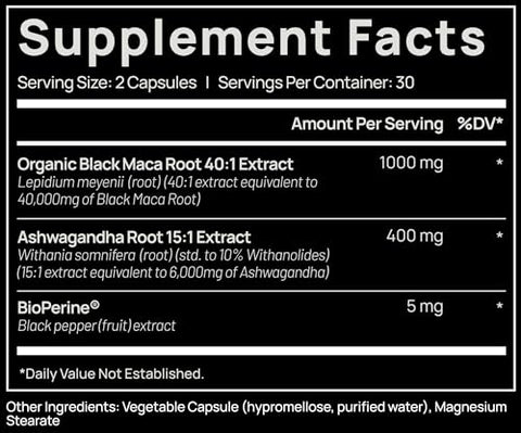 TERRA ELMNT - ELMNT 40,000mg 40x Força Raiz de Maca Preta Orgânica com Ashwagandha – Cápsulas de Raiz de Maca Peruana de Maior Potência para Homens – Pó de Maca Peruana 100% Puro, Gelatinizado – 40g