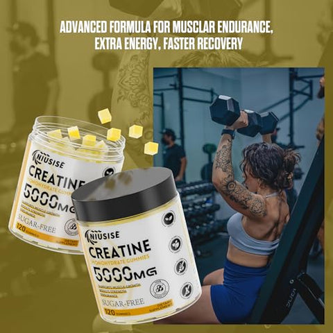 NIUSISE - Gummies de Creatina Monohidratada, 120 Gummies Sem Açúcar com 1000 mg de Complexo de Magnésio e L-Treonato para Homens