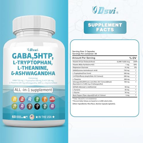 DSVI - 60 Cápsulas GABA 750mg 5 HTP 200mg L Triptofano 500mg L Teanina 200mg Ashwagandha 3000mg SAM-e L-Glicina Vitaminas de Suporte ao Humor para Mulheres e Homens com L-Tirosina Fabricado nos EUA