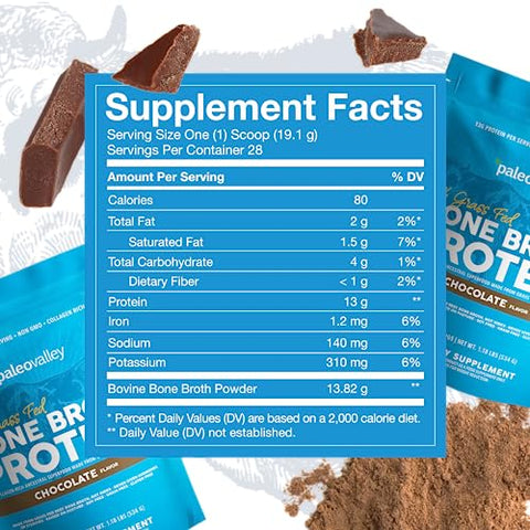 Proteína em Pó de Caldo de Osso 100%% Alimentado com Grama – Chocolate – Rico em Colágeno para Cabelo, Pele, Saúde Intestinal, Suporte Ósseo e Articular – 28 Porções - Paleovalley