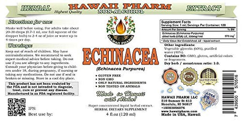 Echinacea Líquido Sem Álcool, Extrato de Echinacea Orgânica (Echinacea Purpurea) Erva Seca Glicerina Hawaii Pharm Suplemento Herbal Natural 120 ml