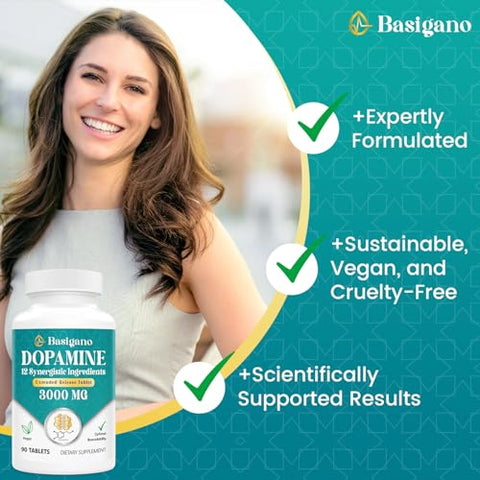 Basigano - Suplemento Natural de Dopamina para Energia, Foco, Motivação, Alerta Mental, Humor e Estresse – Sem OGM, Sem Glúten – 90 Comprimidos
