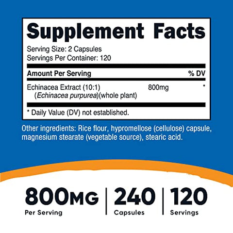 Echinacea 800 mg – 240 Cápsulas, 2 Frascos – Cápsulas Vegetarianas, Não Transgênicas, Livres de Glúten – 120 Porções - Nutricost